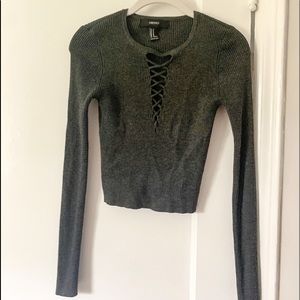 Long Sleeve Grey Crop Top Cross Front